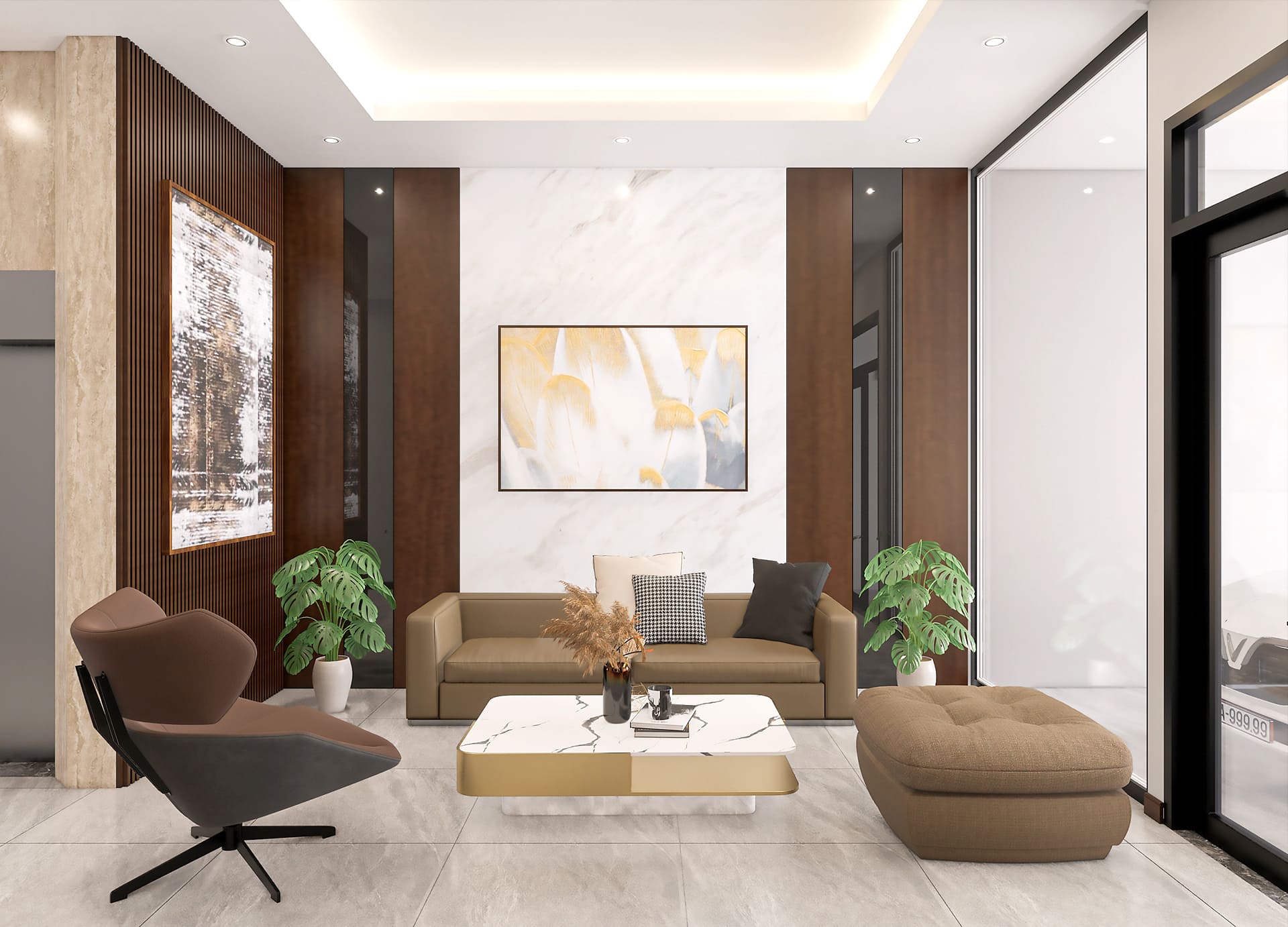 Khu vực tiếp khách nhỏ gọn, ấm cúng, sử dụng tông màu nâu - be kết hợp tranh treo tường và cây xanh trang trí.