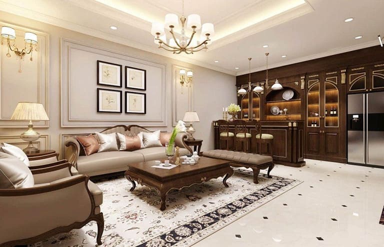 Chung cư tân cổ điển kết hợp gỗ tự nhiên