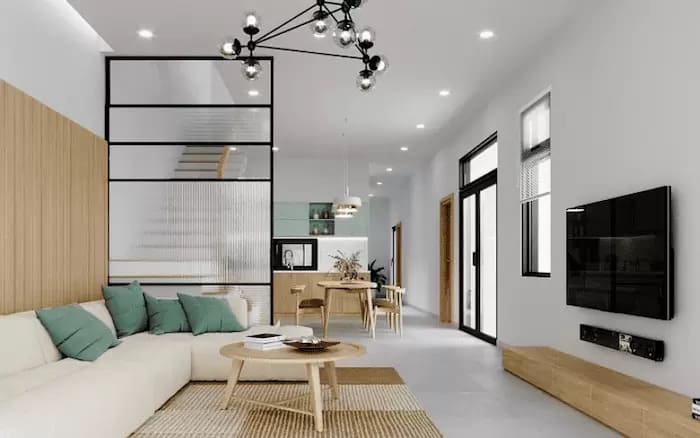 Phòng khách liền bếp phong cách tối giản