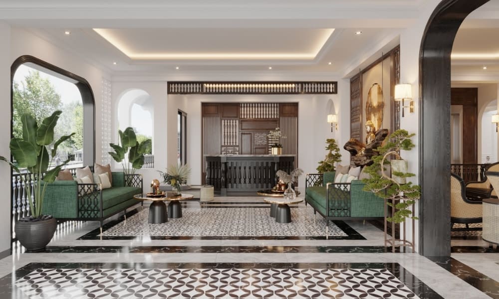 Phòng khách Indochine sang trọng với tông xanh ngọc chủ đạo