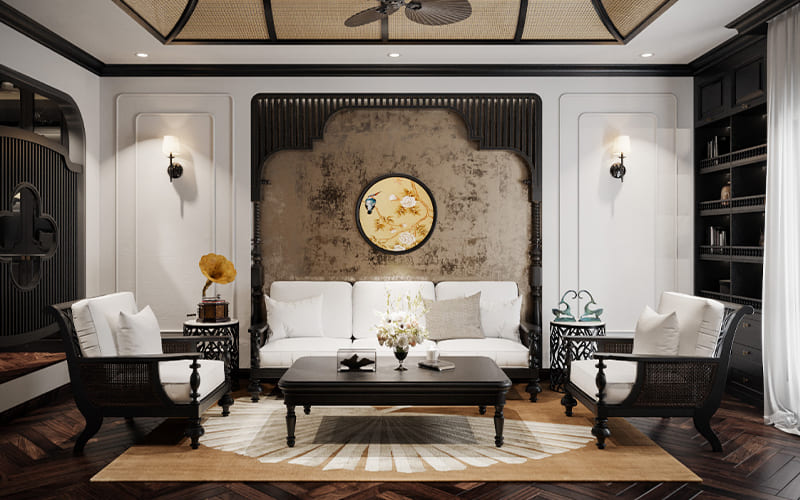 Phòng khách Indochine hiện đại, tối giản