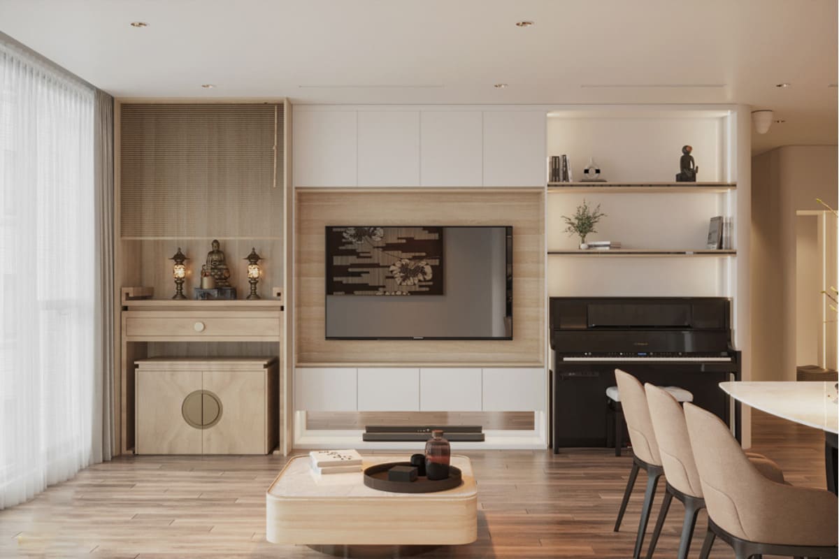 Phòng khách tối giản tinh tế với bàn thờ gỗ sáng