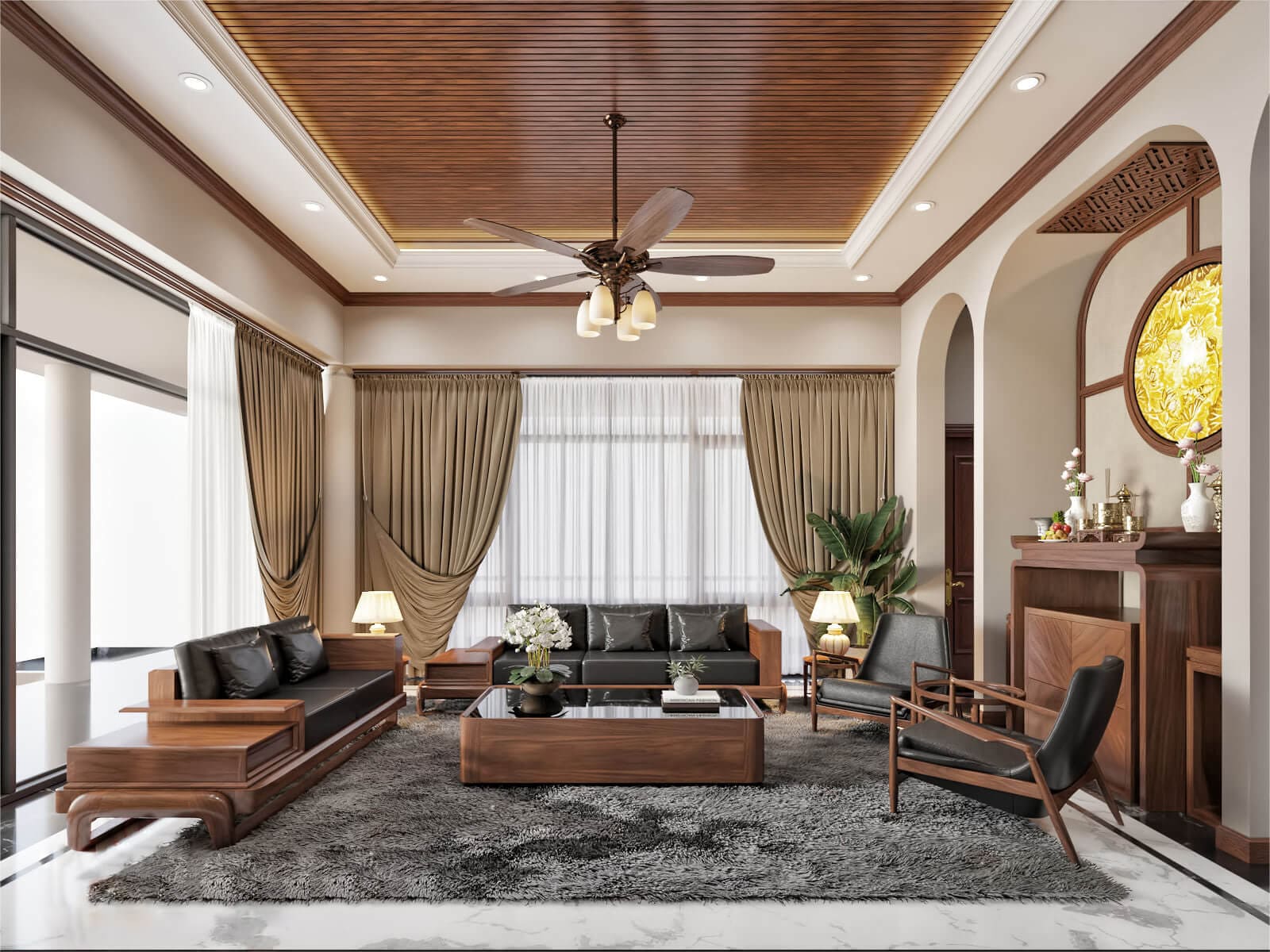 Phòng khách tân cổ điển kết hợp bàn thờ sang trọng