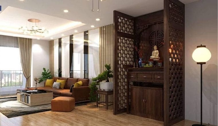 Phòng khách kết hợp bàn thờ và cây xanh phong thủy