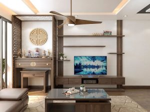 Phòng khách hiện đại với bàn thờ gỗ tối sang trọng