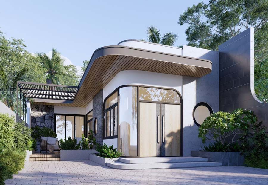 Nhà ống 1 tầng kết hợp với mái hiên hình vòng cung