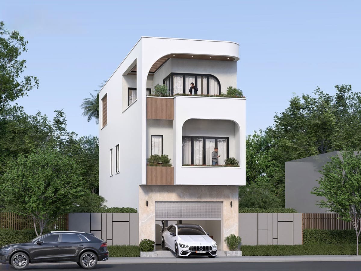 Mẫu nhà 3 tầng tận dụng tầng 1 làm gara để xe