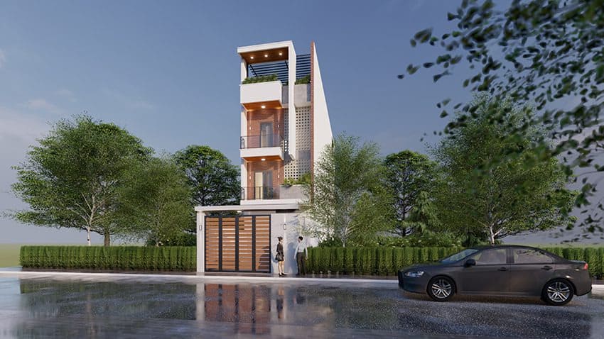 Mẫu thiết kế nhà ống 4 tầng với sân vườn trên cùng