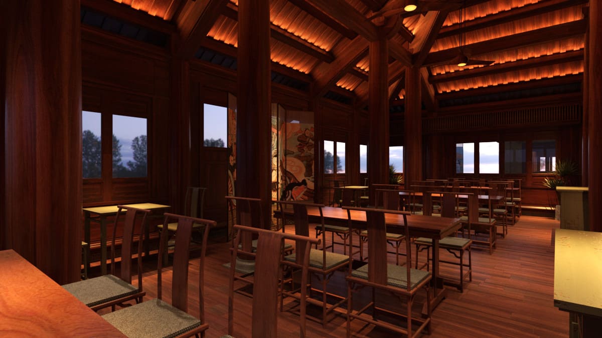 Tầm nhìn mở từ nhà hàng ra bên ngoài qua hệ thống cửa