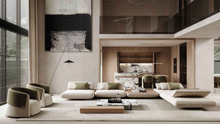 Phòng khách biệt thự hiện đại cao cấp với trần thông tầng