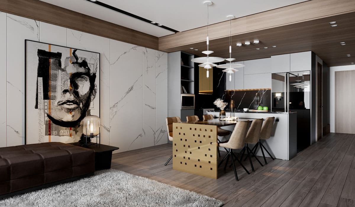 Không gian liên thông bếp - ăn - khách phong cách hiện đại châu Âu