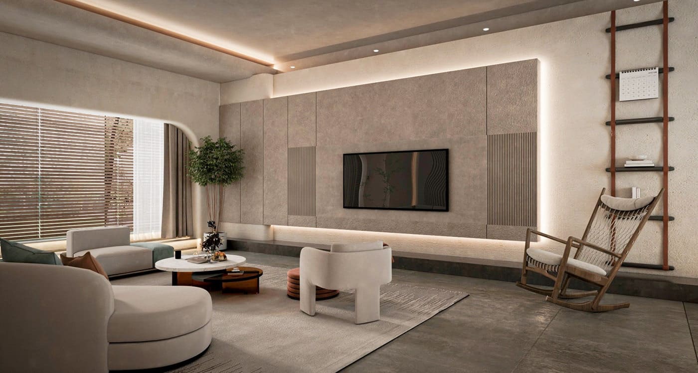 Không gian sử dụng tường hiệu ứng xi măng kết hợp sofa vải be, tạo nên vẻ đẹp trầm lắng và gần gũi đặc trưng của phong cách Wabi Sabi.