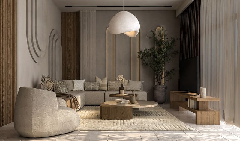 Tường hiệu ứng mềm mại kết hợp cửa kính lớn giúp ánh sáng tự nhiên lan tỏa, nổi bật sự tinh giản theo phong cách Wabi Sabi.