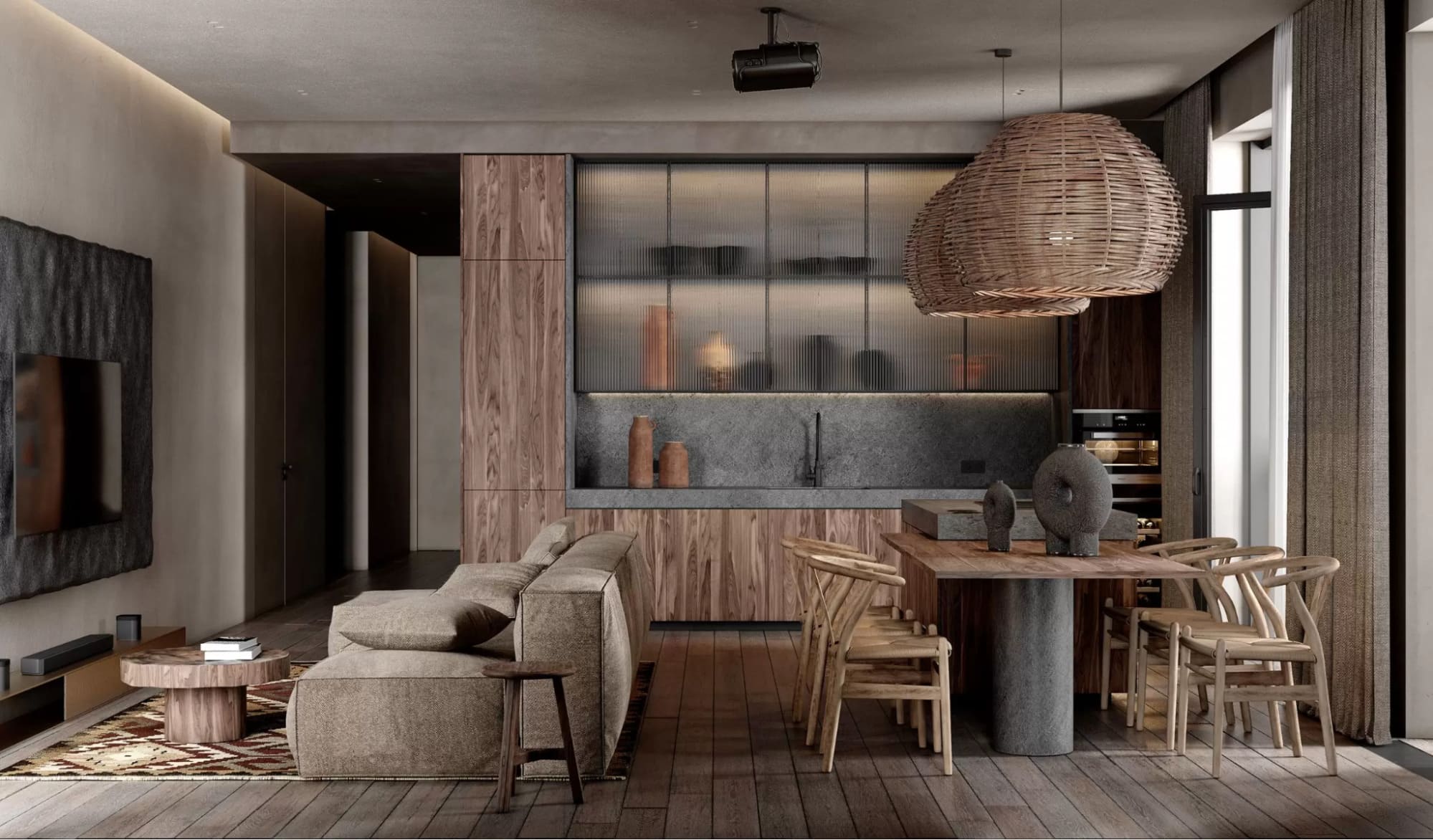 Không gian thể hiện rõ tinh thần tự nhiên qua sofa chất liệu vải thô, bàn gỗ mộc và đèn tre thủ công tạo điểm nhấn ấn tượng.