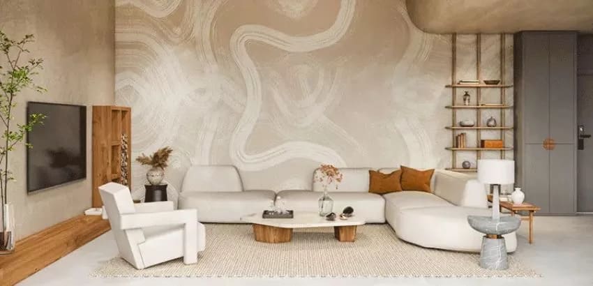 Nội thất bo cong kết hợp tường nhấn dạng rãnh đứng tạo chiều sâu thị giác, giúp không gian vừa tối giản vừa thanh lịch.