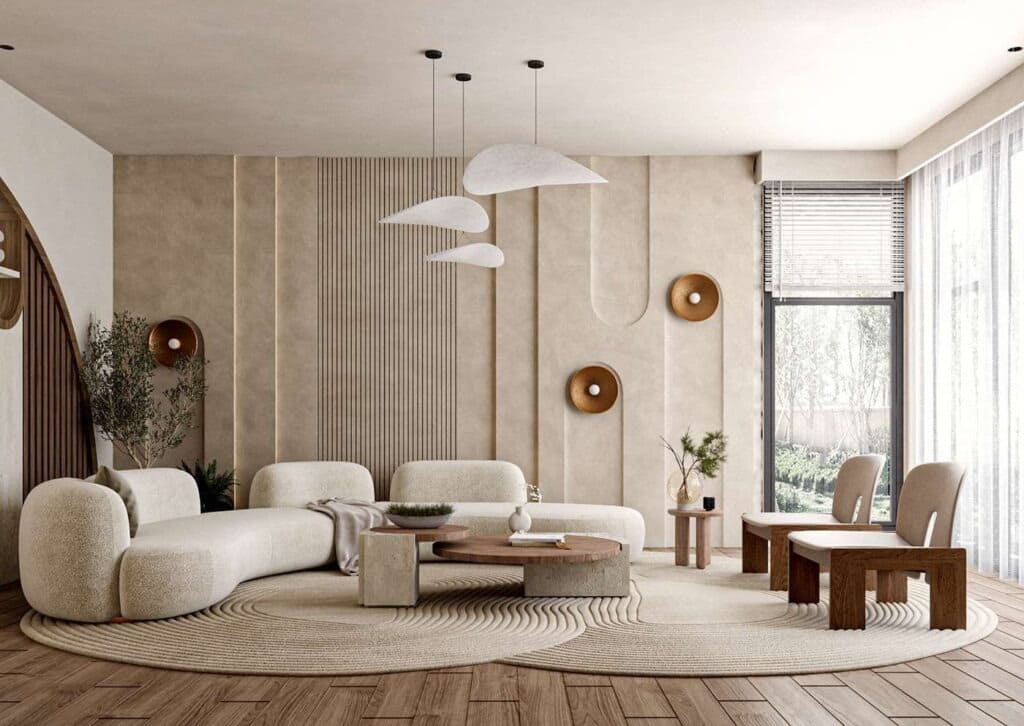 Thiết kế sử dụng sofa nâu bơ, bàn ăn gỗ bo tròn và đèn thả hiện đại, tạo nét dung hòa giữa Wabi Sabi và sự sang trọng tinh tế.